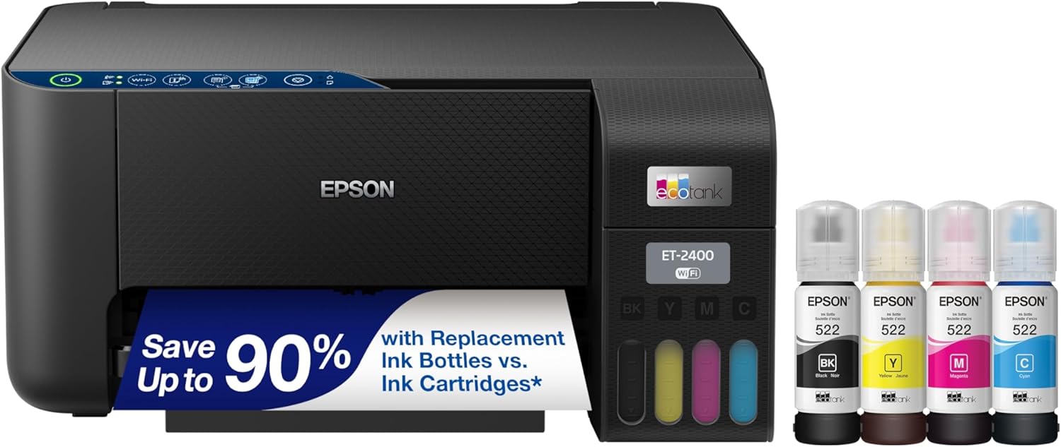 Epson EcoTank ET-2400 Wireless Color All-in-One Cartridge-Free Supertank Printer with Scan and Copy for Everyday Home Printing, Black