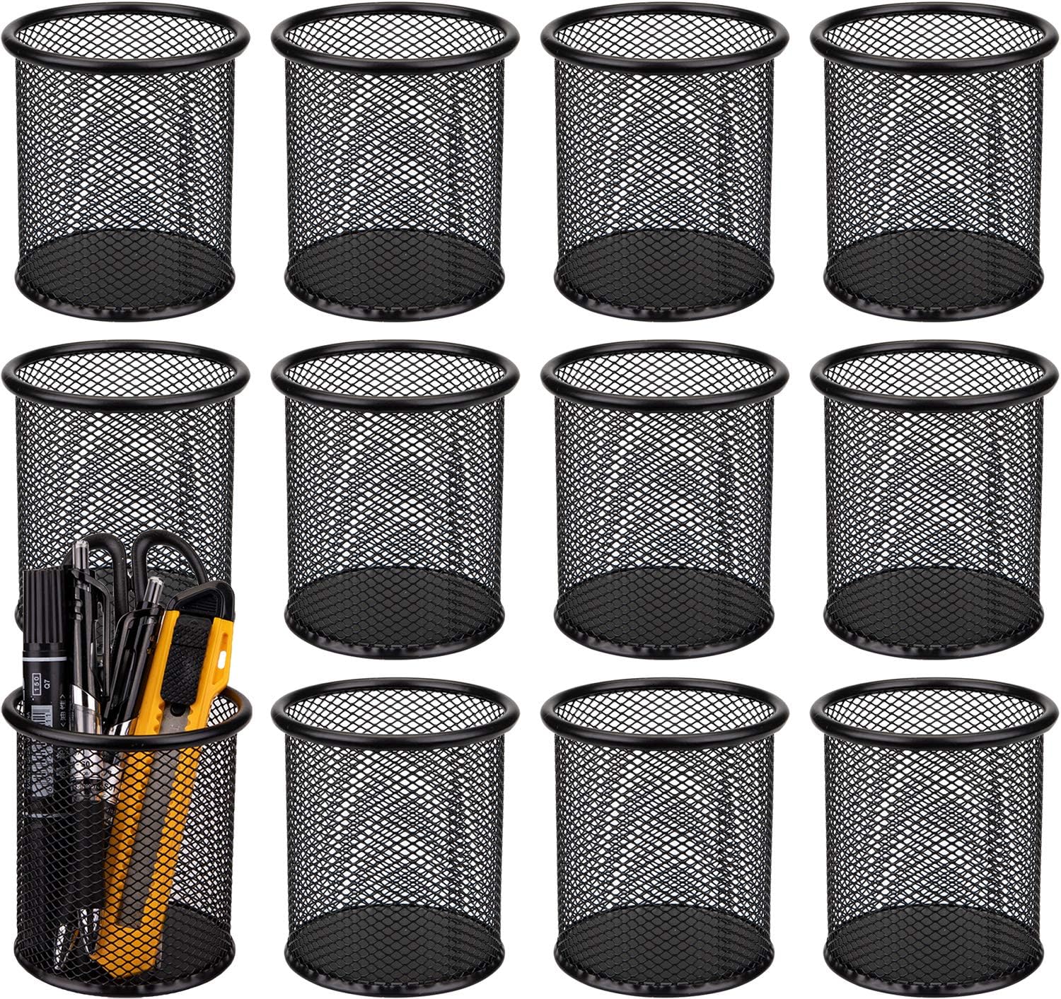 Nicunom 12 Pack Metal Pen Holder Wire Mesh Pen Cup Pencil Holder Pencil Cup for Desk Office Pen Organizer, Black