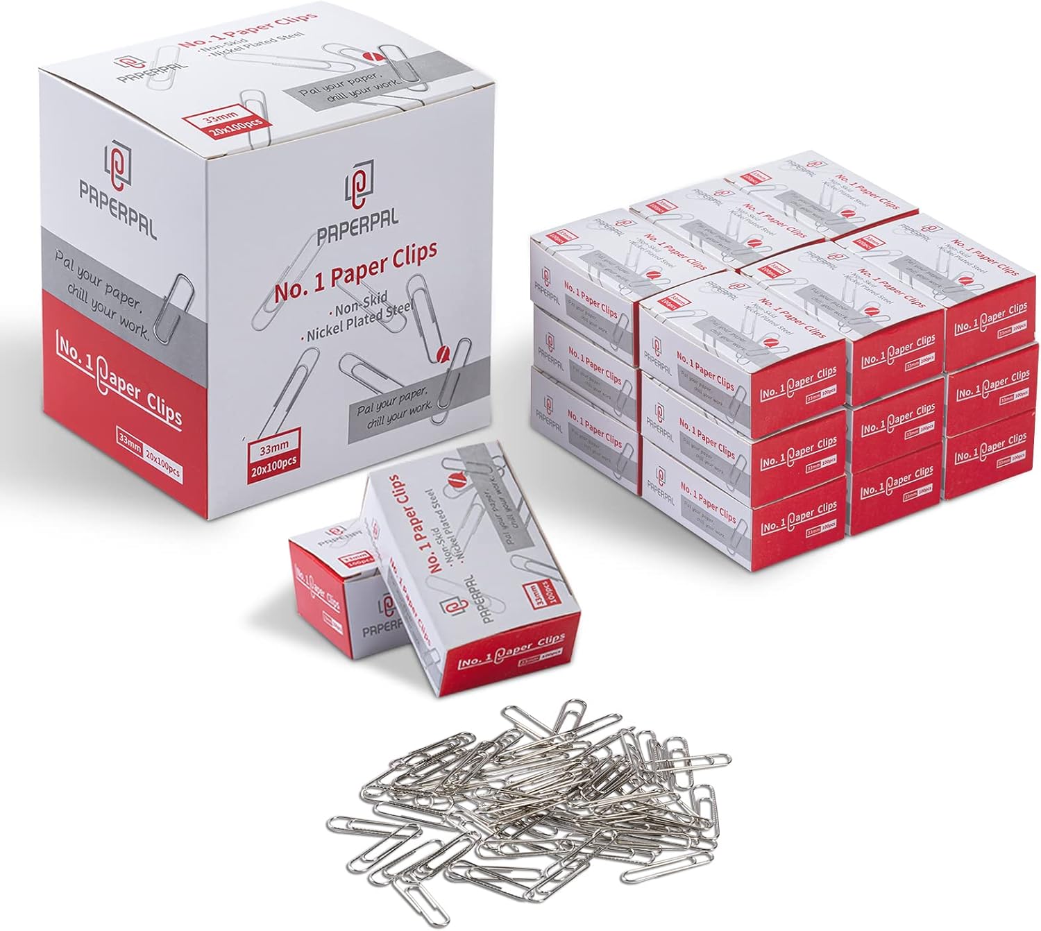 PAPERPAL Paperclips for Office School & Personal Use, #1 Nonskid Paper Clip (1-2/7"), 2000 Medium Paper Clips (20 Boxes of 100 Each), Silver | Value bulk pack of 2,000 medium non-skid paper clips for offices, schools and businesses, packed in 20 boxes of 100 each.
