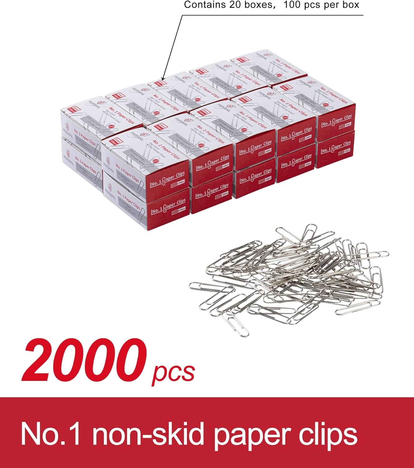 PAPERPAL Paperclips for Office School & Personal Use, #1 Nonskid Paper Clip (1-2/7"), 2000 Medium Paper Clips (20 Boxes of 100 Each), Silver | Value bulk pack of 2,000 medium non-skid paper clips for offices, schools and businesses, packed in 20 boxes of 100 each. - Image 3