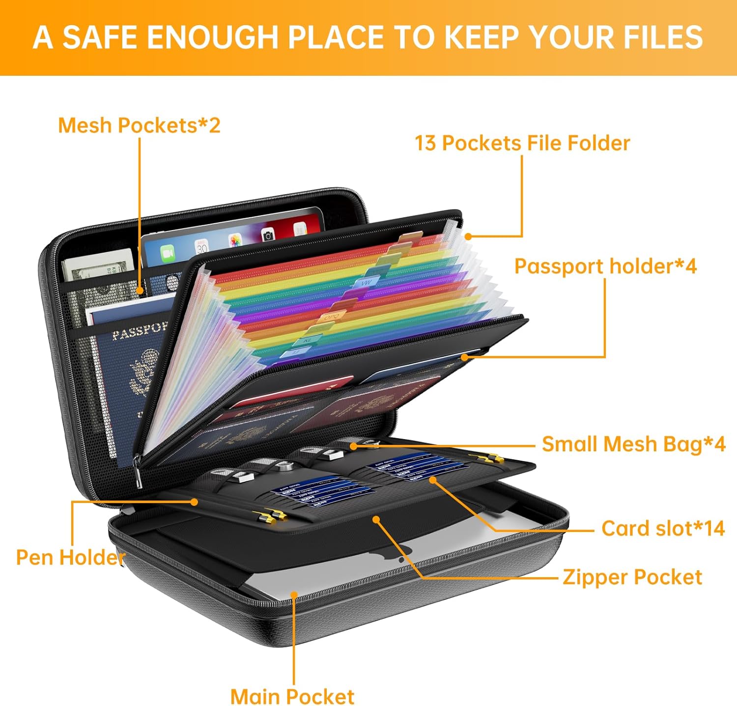 DocSafe Fireproof File Organizer with Lock, Hard-Shell Case Fireproof Document Box with 13 Pocket Accordion File Folder, Portable Home Office Travel Safe Storage for Important Documents Laptop Black - Image 8